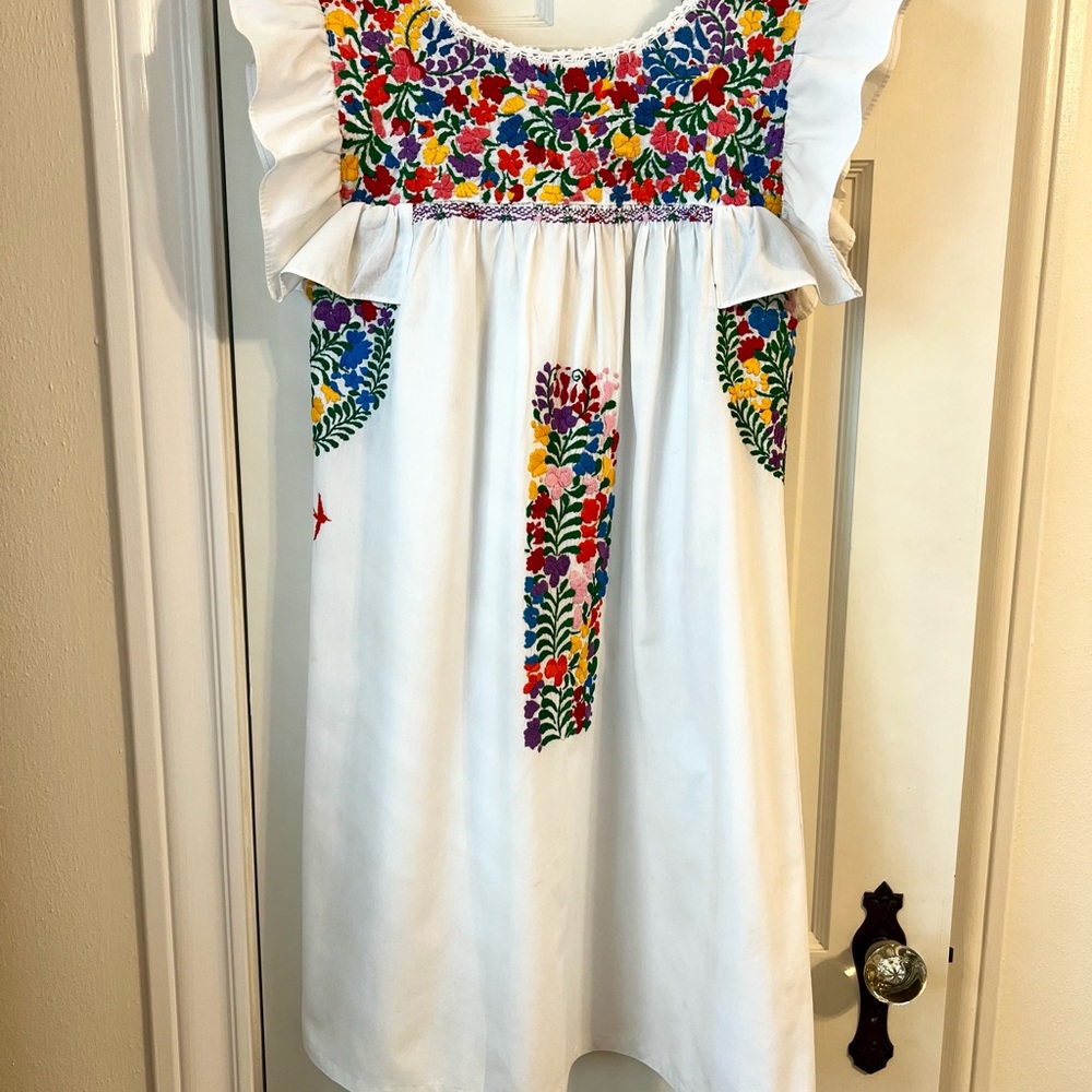 Mi Golondrina White Dress with Multicolor Embroidery